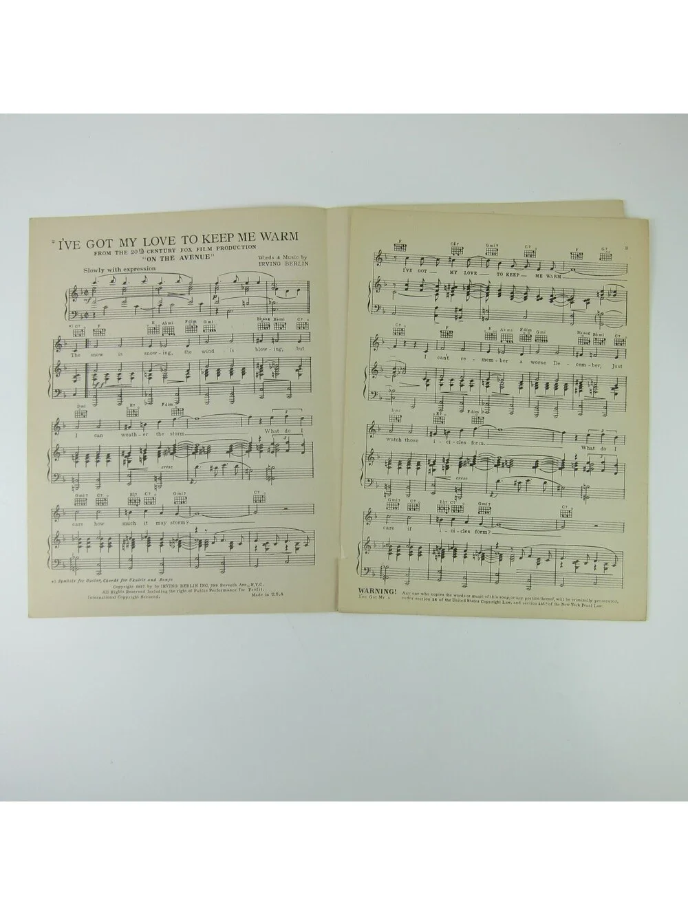 Sheet Music I've Got My Love To Keep Me Warm On The Avenue Film Vintage 1937